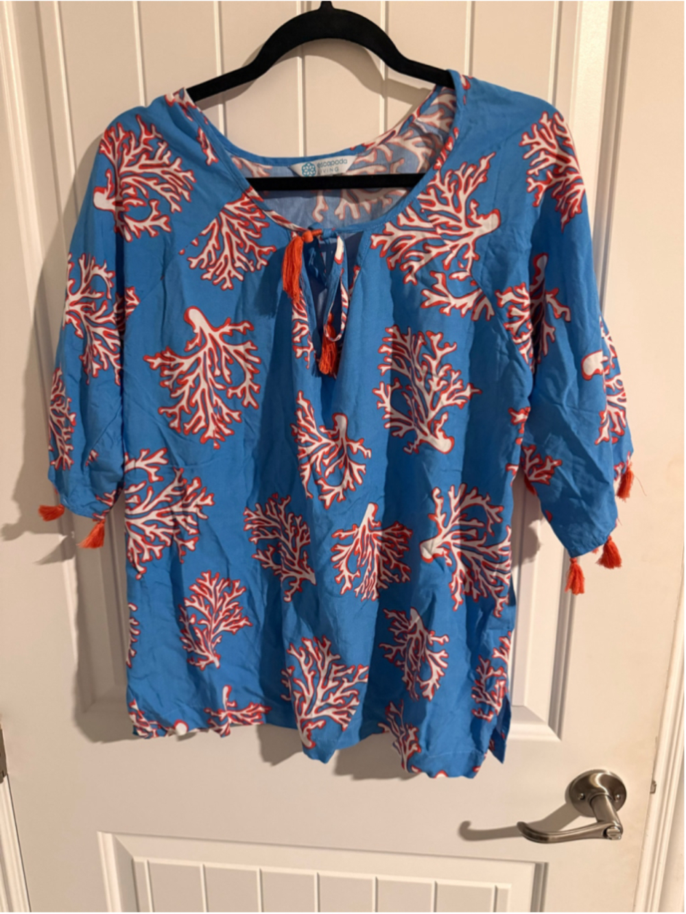Escapada Living Blue Coral Print Tunic Top with Tassel Details – Size XL